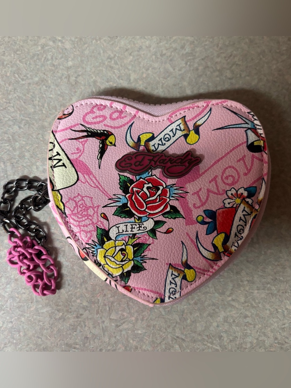 Ed Hardy Pink Heart Preppy Mom Whimsigoth Goth Coin Purse Chain Wristlet S